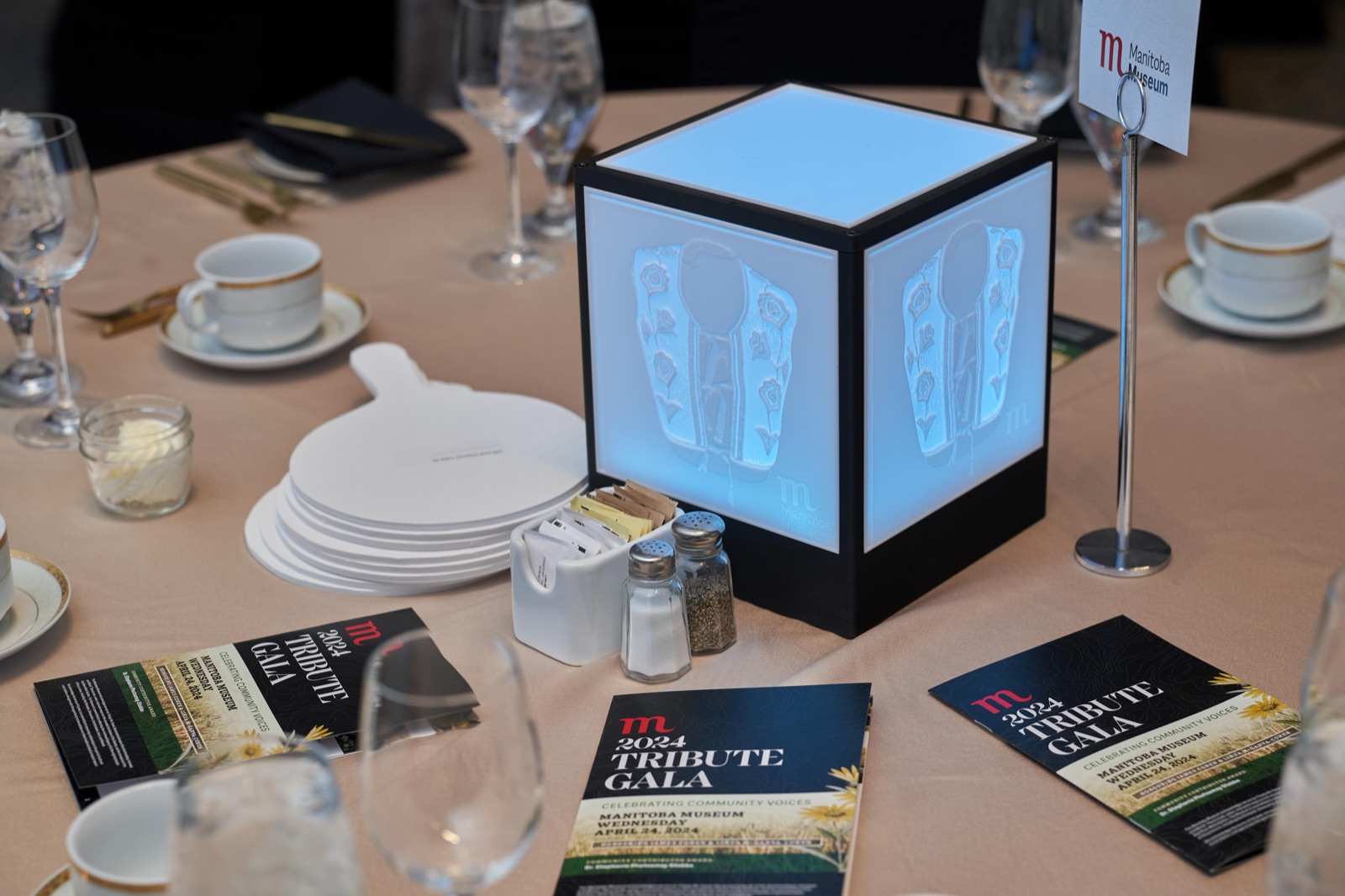 Illuminated four-sided picture light boxes built by 3dezy for the Manitoba Museum gala